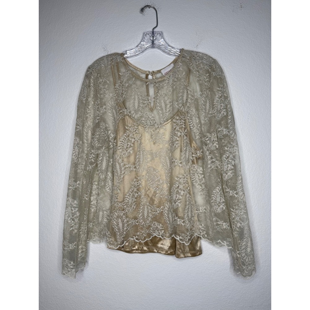 Shyanne Gold Lace Long Sleeve Top & Metallic Satin Camisole Set Women's Size XL